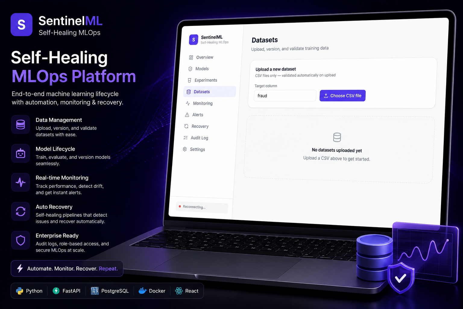 SentinelML self-healing MLOps platform interface